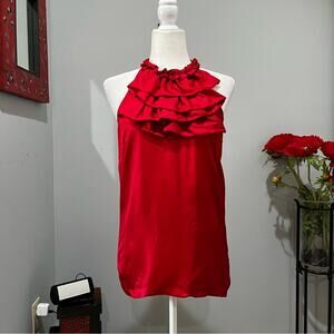 NEW Elena Solano Silk Ruffle Collar Sleeveless Classic Halter Blouse Red S NWT